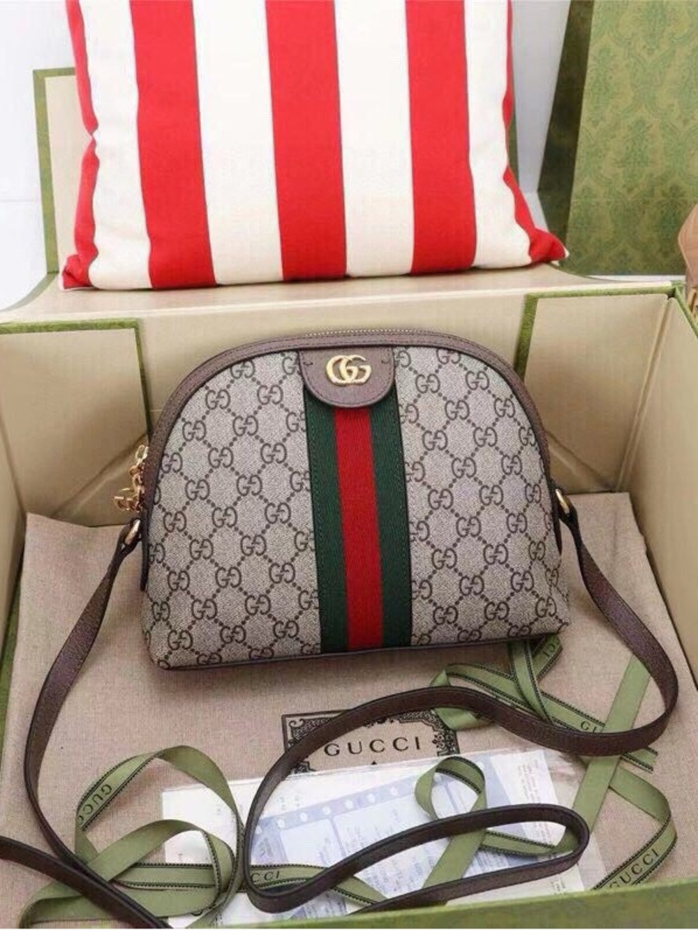 Gucci Brown GG Supreme Crossbody with Green-Red Web and Gold Hardware